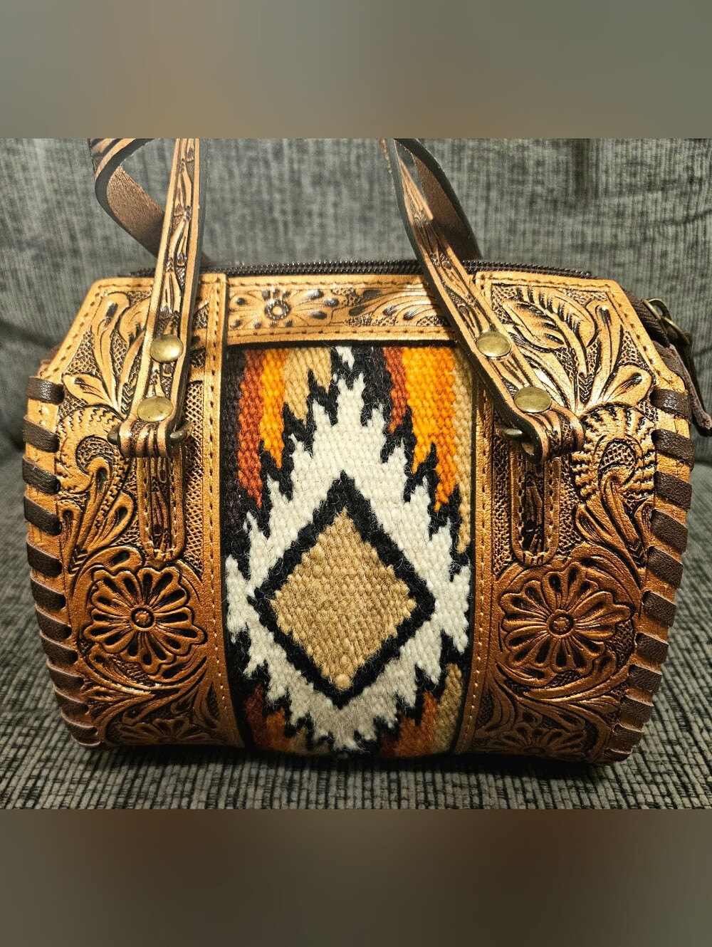 Artisan Tooled Leather Speedy with Southwestern Wool Inlay - Gold Mini Speedy
